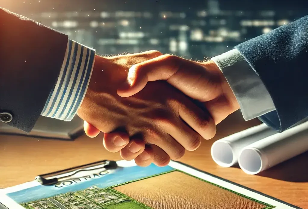 DALL·E 2024-09-24 16.34.44 - An illustration of a handshake during a land negotiation. The image focuses on two hands shaking firmly, symbolizing agreement and partnership. In the